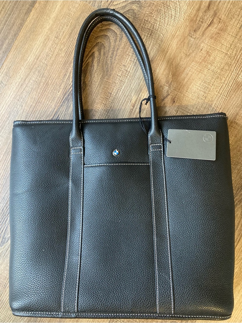 BMW Black Pebbled Leather Tote with Top Handles and Logo Accent